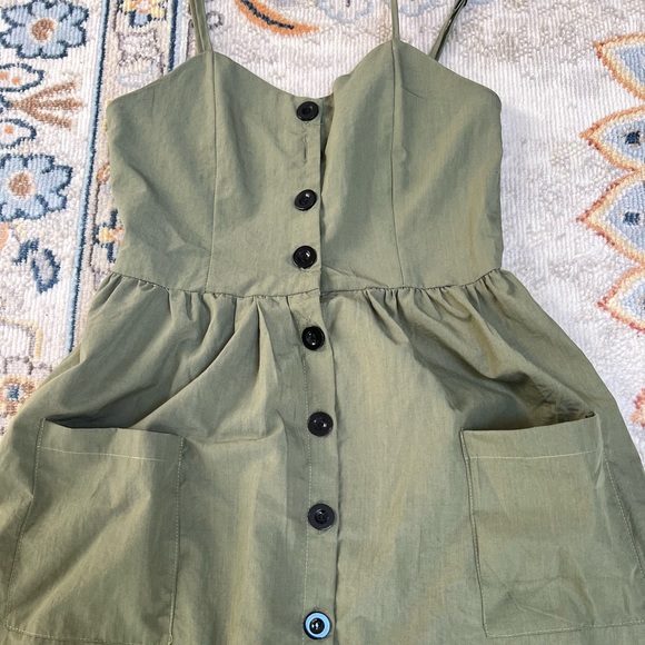 Olive Green Button Down Spaghetti Dress - Picture 2 of 4